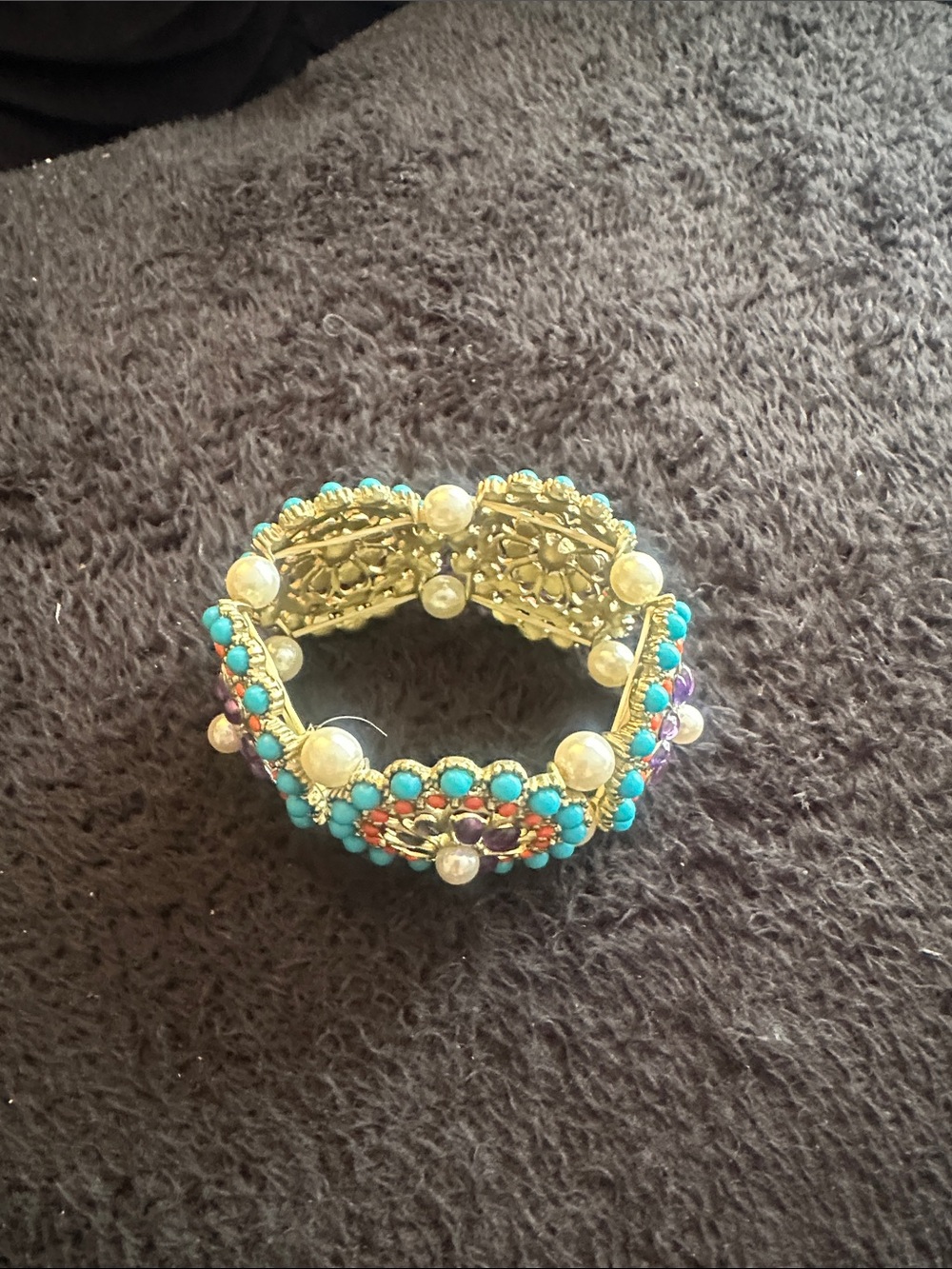 Gold-Tone Multicolor Beaded Stretch Bracelet with Turquoise and Pearl Accents